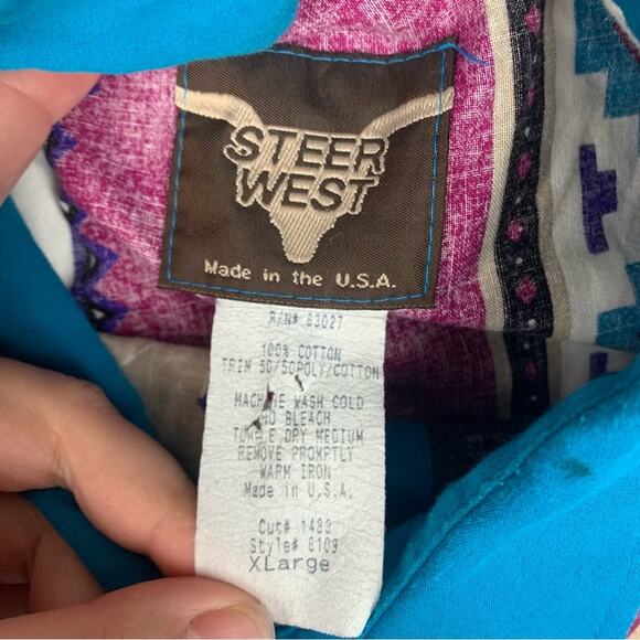 Steer West Mens XL vintage Button Down Shirt in Blue Red Geometric Patterns - Picture 3 of 9